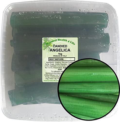 Natural Health 4 Life Candied Green Angelica 1kg – Traditional Cake Decoration Ingredient for Fruit Cakes, Biscuits, Baking and Desserts, Vegan & Fat Free, Resealable Clear Plastic Tub (1 Tub)