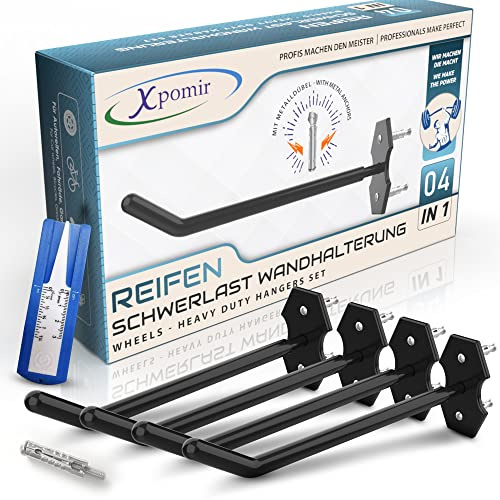 Xpomir Reifen Wandhalterung 4er Set – Felgenhalter Wand für 17–20 Zoll Reifen & Felgen – Autoreifen Wandhalterung bis 40 kg – 26 cm Schwerlast Garagenhaken inkl. Metalldübel & Profiltiefenmesser | Reifenhalter Wandmontage aus Stahl , 4er Set für 17–20 Zoll Räder, bis 40 kg Tragkraft je Haken