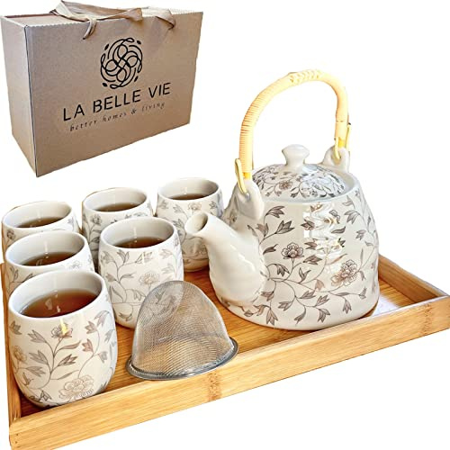 La Belle Vie Japanese Tea Set, White Porcelain Tea Set as Gift, 1 Pot (32.1oz), 6 Cups (6.1oz), 1 Stainless Steel Tea Infuser, 1 Bamboo Tray, Pretty Gift for Birthday, Festivals, Events