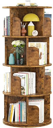 Aheaplus Rotating Bookshelf, Small Corner Bookshelf for Small Space, 360 Display 4 Tier Floor Standing Bookcase Storage Rack, Wood Narrow Book Shelf Organizer for Bedroom, Living Room, Rustic Brown