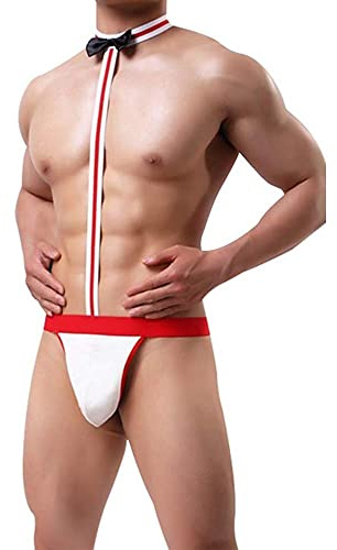 ROSVAJFY Herren Sexy String mit Fliege Cosplay Kellner, Mann Tanga Borat Unterwäsche, Herrens Sexy Thong Outfit Rollenspiel Waiter, Mankini Body Unterhose Slip