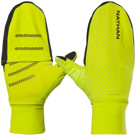 Nathan Reflektierende Convertible-Handschuhe HyperNight - Herren, Erwachsene, Polyester, Lauf-Handschuhe, Gelb mit Geo-Muster, XS