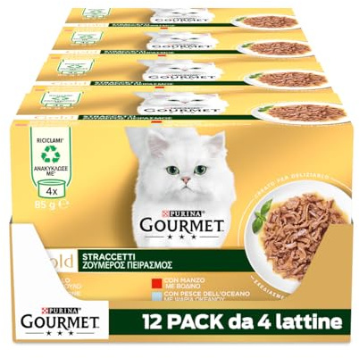 GOURMET Gold Cibo Umido per Gatti Adulti Straccetti con Manzo, Pollo, Pesce dell'Oceano e Salmone 48 Lattine da 85g