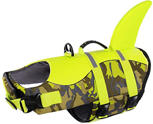 Queenmore Schwimmweste Hund Einstellbare Hunde Schwimmweste, Ripstop Rettungsweste mit hohem Auftrieb und langlebigem Rettungsgriff für Hund für mittlere große Hunde, (GreenCamo, XL)
