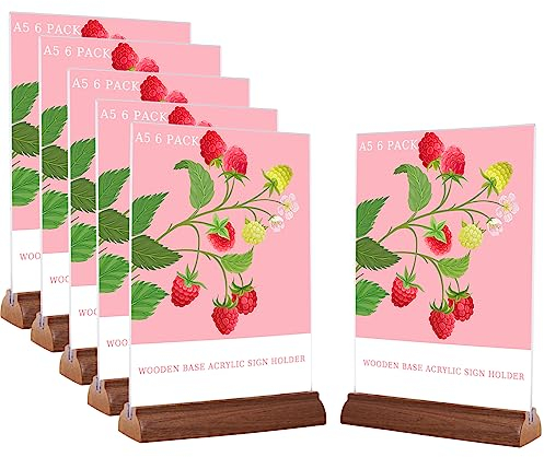 komstuon 6 Stück A5 Tischaufsteller,A4 Acryl Holzsockel Tischaufsteller, Doppelseitiger Transparenter Menüständer für Restaurant,Hotel,Café Shop