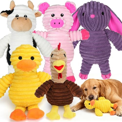 PrimePets Plyschdjur hundleksaker, 5-pack, fylld hund pipande leksaker, sortiment värdepaket husdjur leksak för små medelstora hundar, valp tuggleksak, söt hund gåva leksaker