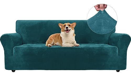 Ystyle Samt Sofabezug 3 Sitzer, Stretch Sofa Überzug, Sofaschoner rutschfest, Elastischer Couch Überzug, Sofa Cover Mit Armlehnen, Couchüberzüge Sofaschutz Katze Couch Überwurf, Dunkel Grün