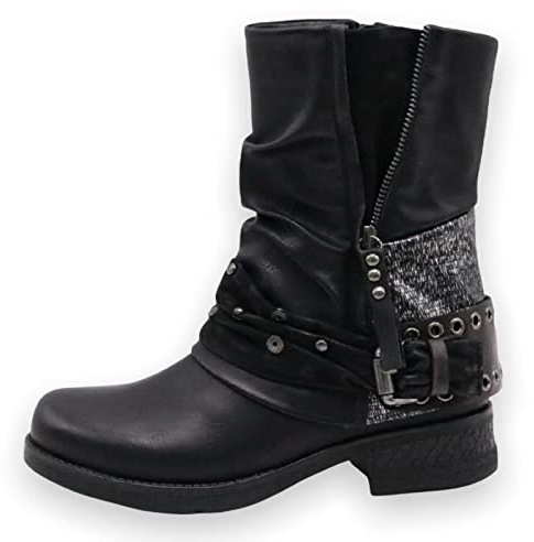 Bottines pour femmes Biker - Bottes avec rivets et talon bloc - Chaussures confortables pour l'automne et l'hiver avec boucles - ST04, Noir , 39 EU