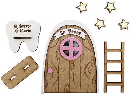 Puerta de ratoncito perez personalizado en madera, repisa para el diente, escalera y estrellas luminosas en la oscuridad