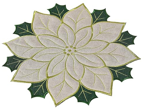 LEMCC 15,7 Zoll Große Weihnachtliche Runde Tischsets, Besticktes Weihnachtsstern-Tischset in Rot und Grün, Weihnachtstischsets mit Grünen Blättern, Tischläufer mit Weihnachtsapplikationen für Den(B)