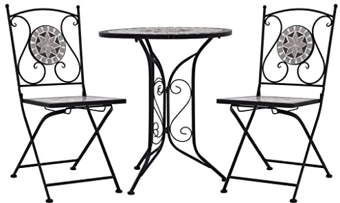 PTUGUOF 3-TLG. Mosaik Bistro-Set aus Keramik und pulverbeschichtetem Eisen, grau, für den Außenbereich, inklusive 1 Tisch und 2 Stühlen, robust und pflegeleicht, max. 110 kg pro Sitzplatz