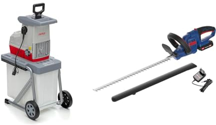 IKRA 81002880 Elektro Gartenhäcksler Walzenhäcksler ILH 3000 A & Güde 58596 Akku Heckenschere HS 18-201-05 (18V, Messer mit Diamantschliff, 180 Grad drehbarer Handgriff, Metallgetriebe)