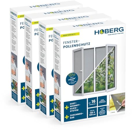Hoberg Protection anti-pollen pour fenêtres avec fixation magnétique innovante | Jusqu'à 150 x 130 cm découpable individuellement, pas de perçage ni de vissage | Fixation avec 16 aimants [4 Pièces]