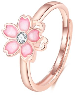 Belons Damring 925 sterlingsilver zirkonium körsbärsblomma Sakura öppna band ring justerbar band ring för flickor kvinnor, Sterlingsilver Sterling silver Zirconium, Kubisk zirkonia