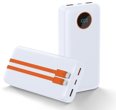 Tragbares Ladegerät 20000mAh Schnelllade-Powerbank mit eingebauten Kabeln, USB C LED-Anzeige Externes Akkupack Kompatibel mit iPhone15/14/13/12 Serie, Samsung, Android,etc (Weiß(20K))