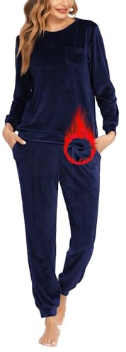 Ekouaer Schlafanzug Damen Lang Velour Pyjama Set Nachtwäsche Hausanzug | mit seitlichen Eingrifftaschen, Ärmelbund und am Hosenbein, fleece Velourstoff, hohe Wärmeisolation