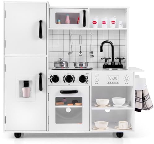 GYMAX Kids Play Kitchen, Wooden Toy Kitchen with Stoves, Sink, Lights, Sounds, Water Dispenser, Oven & Cooking Accessories, Children Kitchen Playset for 3+ Years Old (White)