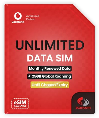 Vodafone Global Data SIM - 25GB Europe & USA Roaming + Unlimited UK Data - Preloaded for 1 Month - 1 Working Day Activation - For Phones & WiFi Routers