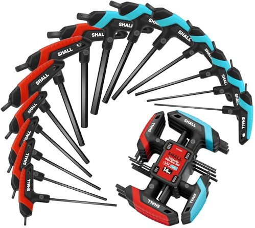 SHALL Juego de 14 llaves hexagonales con mango en T, métricas y SAE, juegos de llaves Allen portátiles con estante de almacenamiento, juegos de llaves hexagonales de brazo largo para reparación de