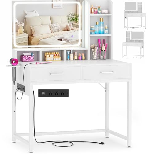 Small Vanity Desk, Vanity Desk with Mirror and Lights, Makeup Vanity Desks with Power Strip, Vanity Table with Drawers and Shelves, Adjustable Lighting, Dressing Table for Bedroom Dressing Room, White