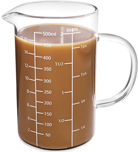 Vaso Medidor 500ML, Jarra Medidora de Cristal, Taza Medidora de Vidrio, Taza Medidora de Vidrio de Alto Borosilicato, Segura para Microondas, Resistente al Calor, Asa Ergonómica