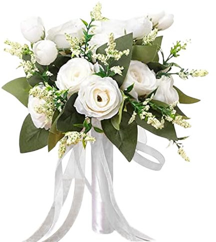 Peosaard Bouquet per matrimoni per sposa, bouquet da sposa artificiale, bouquet di fiori di rose bianche per decorazione di nozze vintage o centrotavola