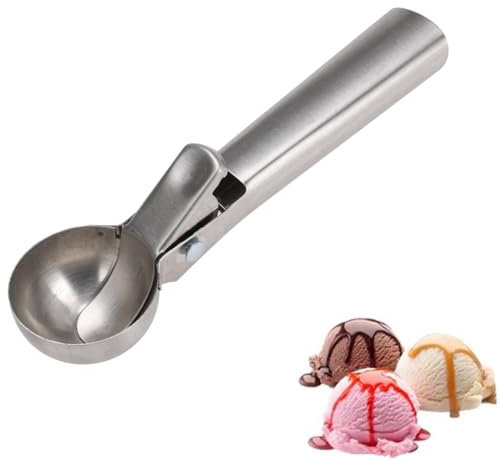 Envenzo Petite cuillère à crème glacée en acier inoxydable avec déclencheur facile pour crème glacée, antigel, cuillère en aluminium, design robuste et durable, facile à nettoyer, pour gelato, cookies