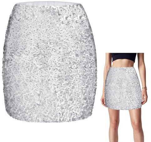 OFFCUP Glitterkjol Paljettkjol Paljettkjol För Damer Kort Dam Sexig Midikjol Pennkjol Höftkjol Med Resår i Midjan Fest Ravekjol Outfit Omlottkjol Kjolar För Damer - Silver
