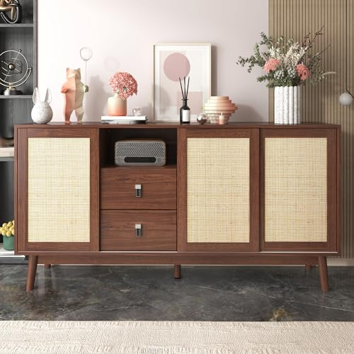 FAYICIC Aparador con 3 puertas correderas de ratán auténtico y 2 cajones, 155 x 38 x 80 cm, transpirable, estable y versátil (madera oscura)