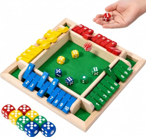 Generisch Shut the Box Würfelspiel aus Holz, 22 x 22 x 4 cm, für 4 Spieler, Mehrfarbig mit Zahlenleisten