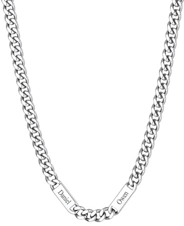 Custom4U Personalisierte Kette 1-6 Namen, Cuban Kette mit Gravur Edelstahl Silber/Gold/Schwarz Namenskette für Herren 5/7/9mm Breit 45/50/55/60cm+5cm Länge, Schmuckgeschenk für Papa Ehemann Liebhaber