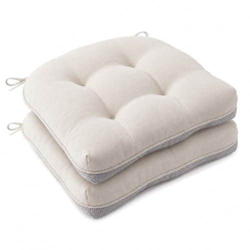 Battilo Chair Cushions Set of 2 for Dining Chairs, Seat Cushions for Kitchen Chairs with Non-Slip Backing, Indoor/Outdoor Waterproof Chair Seat Pads with Ties, 15.5x15.5x4, Beige