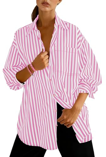 Dressmine Chemisier rayé en coton pour femme - Manches longues - Col boutonné - Chemise décontractée avec poche, rose, XL