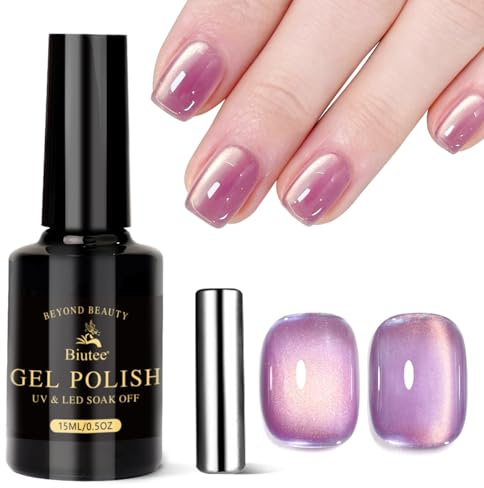 Biutee Smalto semipermanente magnetico Cat Eye Viola 15ml | Formato 15ml, Effetto Cat Eye magnetico brillante, Formula soak-off UV/LED, Ideale per nail art fai da te e salone