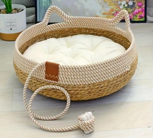 Generisch Katzenkorb Katzenbett Katzenhöhle Haustierbett mit Kissen und Spielball Sisal Katzenkorb mit Kissen, Sisal Geflochten, 50 cm x 17 cm, Beige-Weiß, mit einem Spielball