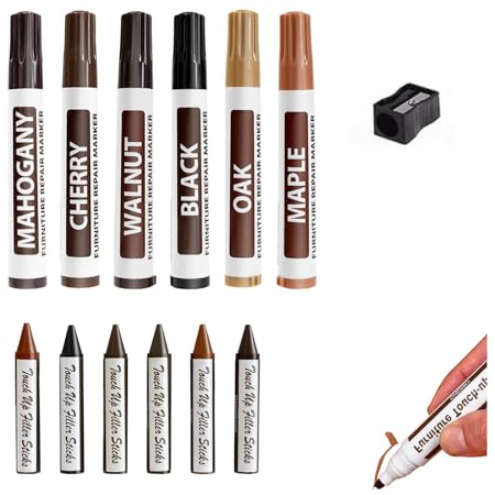 eModwey Set di Riparazione per Mobili con Pennarelli in Legno: 13 Pezzi con Pennarelli e Pastelli, Inclusi Temperamatite, per Riparare Graffi e Macchie su Pavimenti in Legno, Tavoli e Scrivanie