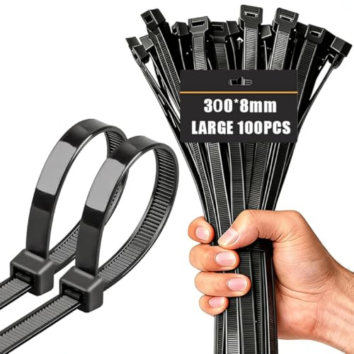 Bridas Plastico Extra grande 100pcs 300mmx8mm, Bridas Negras Largas, Bridas para Cables Anchas Gigantes Brida Plástico Gruesas Fuertes Resistentes A Los Rayos UV Zip Ties