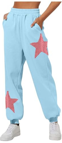 Generisch Pantalon de jogging pour femme décontracté et tendance avec taille élastique et taille de cheville, pantalon de sport ample avec imprimé étoile, bleu clair, M