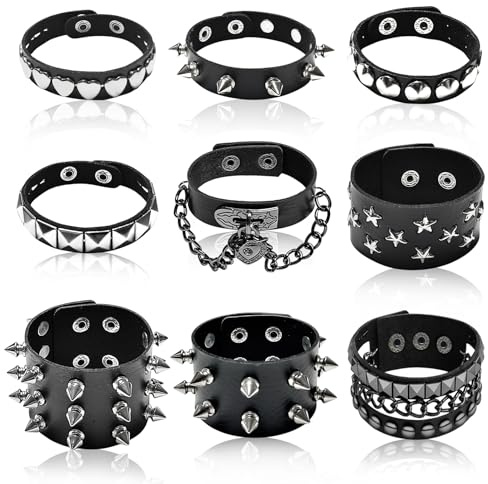 HISAKYST 9pcs Spiked Bracelets,Spike Bracelet,Emo Bracelets,Black Leather Rivet Punk Bracelet,80s Goth Accessories,Perfect for Cool Rockers, Skateboarders, And Motorcycle Enthusiasts