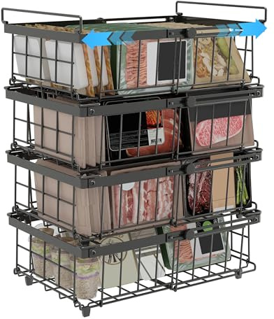 UMDONX 4 Pack Expandable Chest Freezer Baskets Organiser Storage Boxes | Durable Metal Load 25KG, Foldable Handle, Stackable Black Kitchen Pantry Shelf