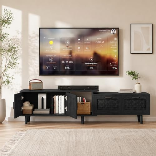 BRILVERDE TV-Möbel aus Rattan, Ausziehbarer TV-Schrank 146 cm-180 cm, TV-Lowboard mit 2 Schränken und 2 Schubladen, TV Schrank Bambus für Wohnzimmer Esszimmer (Schwarz)
