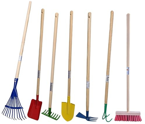 Land-Haus-Shop Kinder Gartengeräte Set, 7 Teile | Besen, Spaten, Harke, Rechen, Schaufel, Spielzeug Garten Geräte massiv