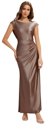 Ever-Pretty Abiti da Damigella Collo Rotondo Senzamaniche Satin Maxi Gonna Svasata Marrone 48