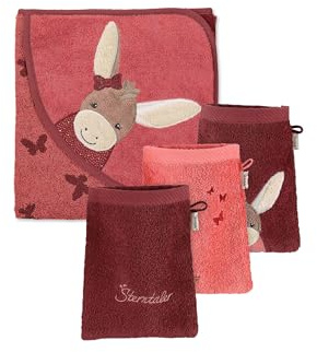 Sterntaler Multipack Frottee Esel Emmily Set, Kapuzenbadetuch 100x100 cm und 3 Waschlappen, saugfähige Baumwolle, weich & hautfreundlich, mattrot