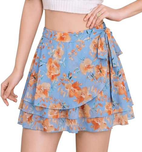 Aunribor Gonna Corta Estiva Floreale da Donna Gonna Fluida con Volanti Vita Alta Elastica Taglio a A Fiocco Annodato in Vita Tinta Unita Gonna Mini Leggera Casual con Fodera Shorts