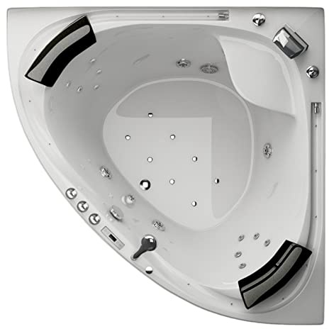 Jet-Line® Whirlpool | Villa Sabrina Weiss 1.6 x 1.6 m XXL | Neu mit Bachlauf und Wasserfall | Vollaustattung Eckbadewanne | Pool Eck Badewanne | Whirlwanne | Ozon Heizung LED