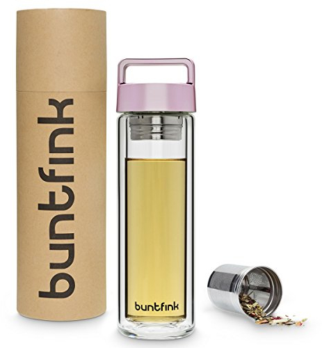 Buntfink 2goBottle Bouteille à thé en verre avec passoire, théière à emporter, gourde avec infuseur pour thé ou eau, bouteille isotherme / théière (double paroi) – Or rose (rose)