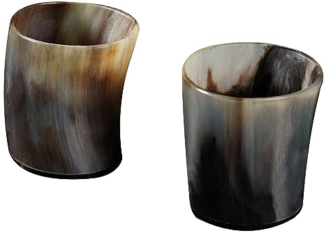 Mythrojan Viking Drinking Horn Shot Glass, Norse Medieval Tankard Shot Glass with Natural Handcrafted Ox Horns for Whiskey Wine Vodka, 2 inch, Polished - Set of 2/1.7 oz