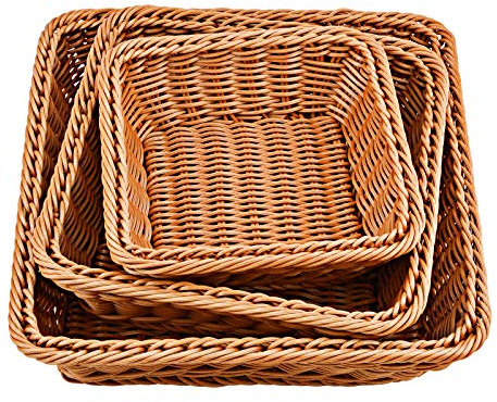 WANDIC Vävd korg, 3 st poly-flätat bröd förvaringskorgar för mat fruktgrönsaker, grund butik stormarknad visning servering restaurang hem kök, fyrkantig/brun (30/25/20 cm)
