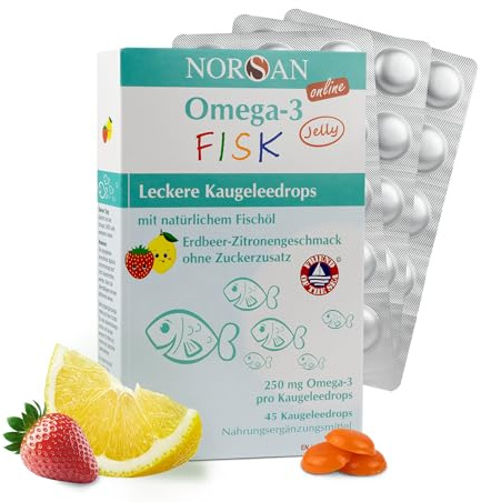 NORSAN Omega 3 Bambini FISK Jelly, 1x45 Caramelline Gommose Olio di Pesce | 250 mg EPA DHA per caramella · vitamina D · gusto delizioso fragola limone · senza zuccheri aggiunti · purificato e sicuro